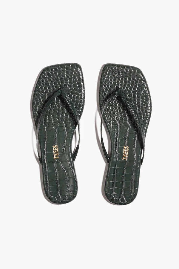 Square Toe Lily Emerald Croc by Tkees, crocodile-embossed leather sandal with square toe, a trendy piece perfect for chic summer days or nights.