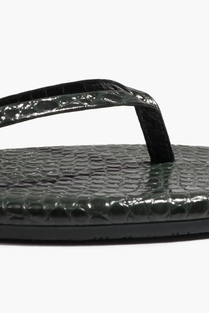 Square Toe Lily Emerald Croc by Tkees, crocodile-embossed leather sandal with square toe, a trendy piece perfect for chic summer days or nights.