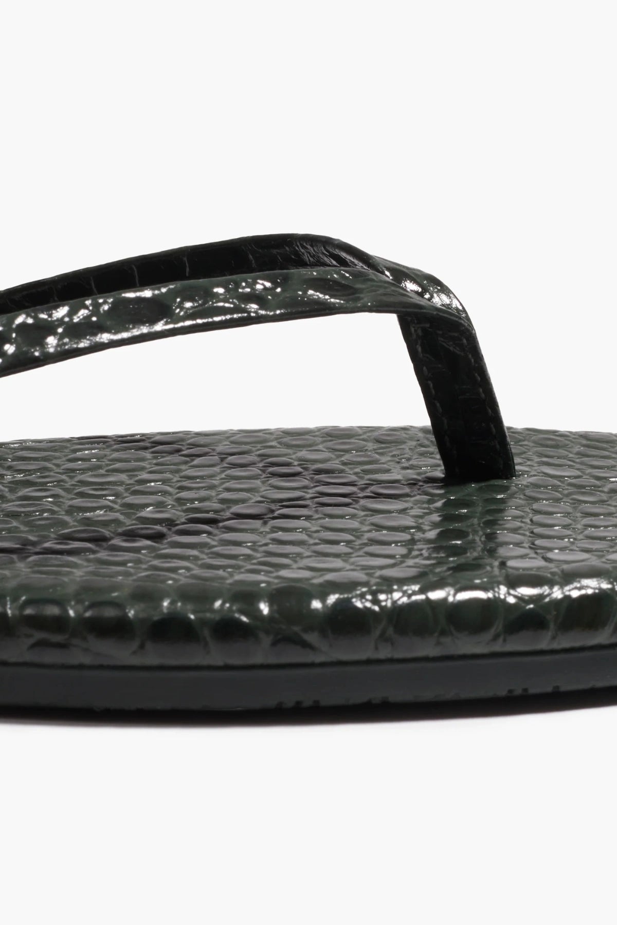 Square Toe Lily Emerald Croc by Tkees, crocodile-embossed leather sandal with square toe, a trendy piece perfect for chic summer days or nights.