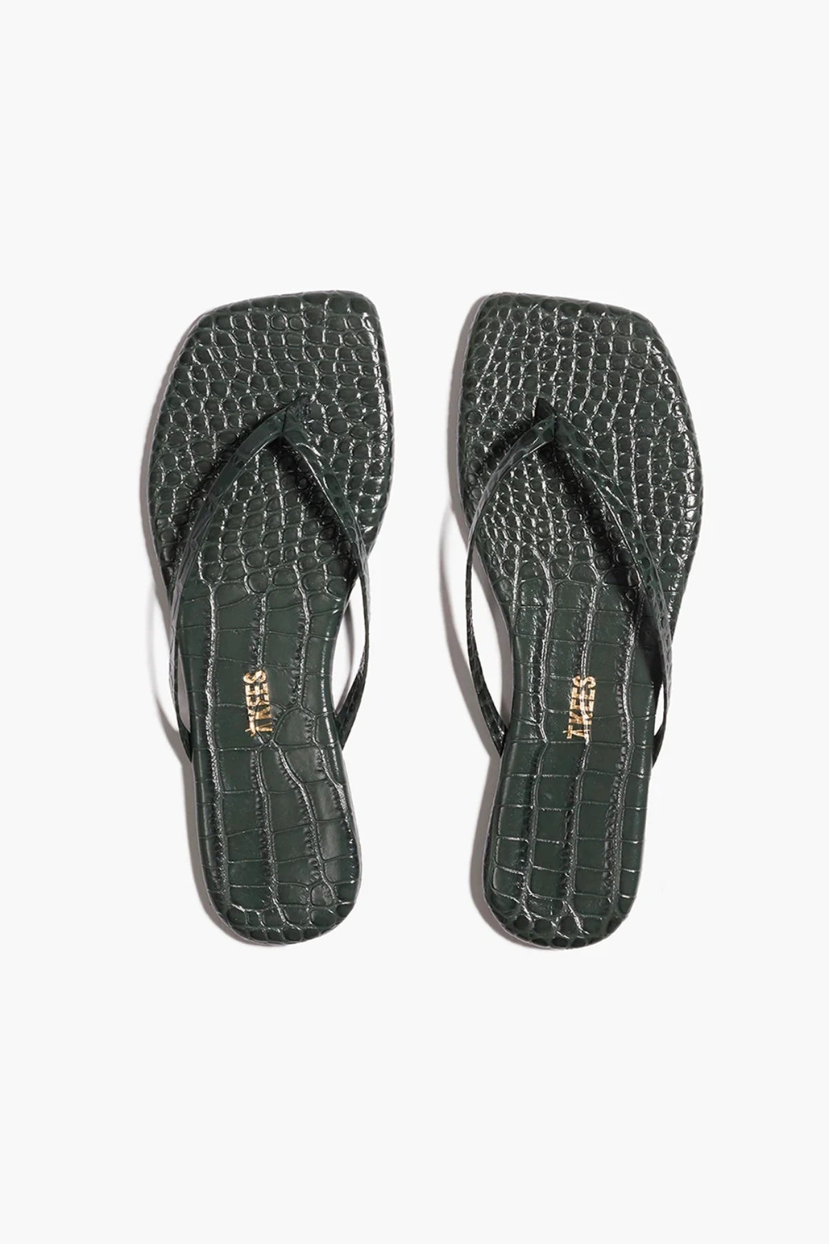Square Toe Lily Emerald Croc by Tkees, crocodile-embossed leather sandal with square toe, a trendy piece perfect for chic summer days or nights.