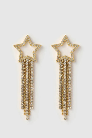 Starburst Gold Earrings by Arms of Eve, bold star-shaped drops with sparkling zircon stones and tassel chains that radiate elegance and edge.