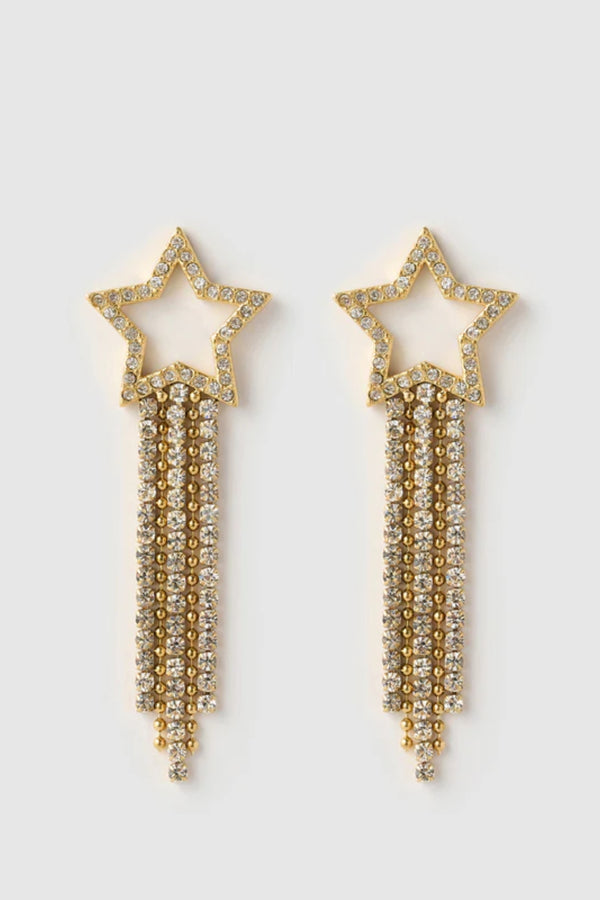 Starburst Gold Earrings by Arms of Eve, bold star-shaped drops with sparkling zircon stones and tassel chains that radiate elegance and edge.
