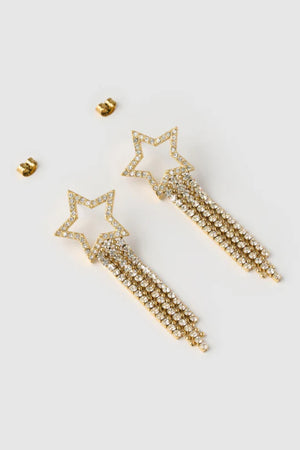 Starburst Gold Earrings by Arms of Eve, bold star-shaped drops with sparkling zircon stones and tassel chains that radiate elegance and edge.