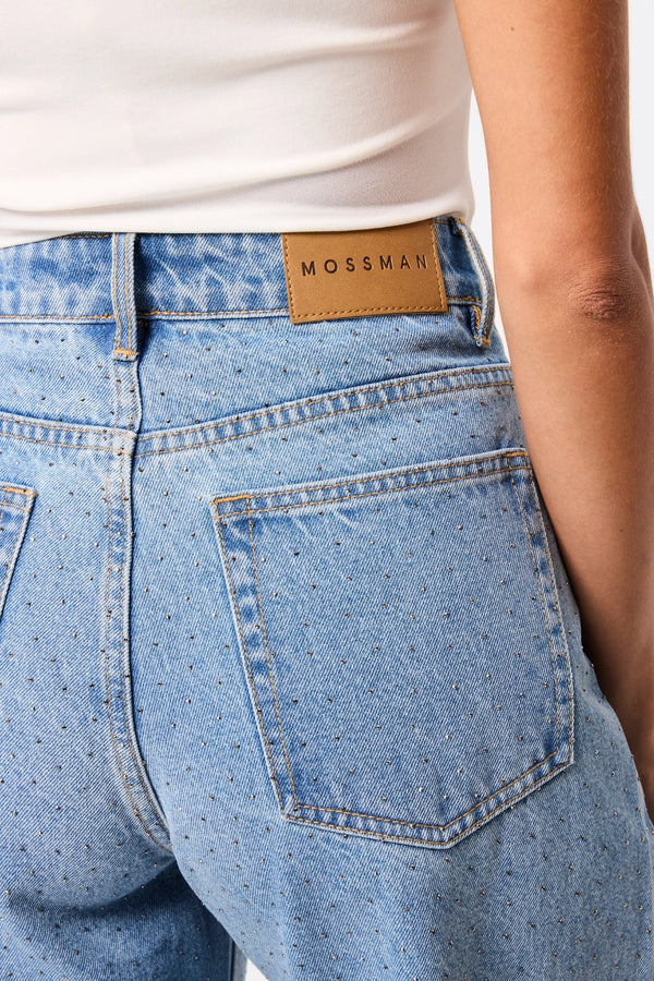 Stargazer Jean Vintage Blue Rhinestone by Mossman, high-rise straight-leg denim with all-over rhinestones, a bold trendy piece perfect for casual sparkle or night looks.