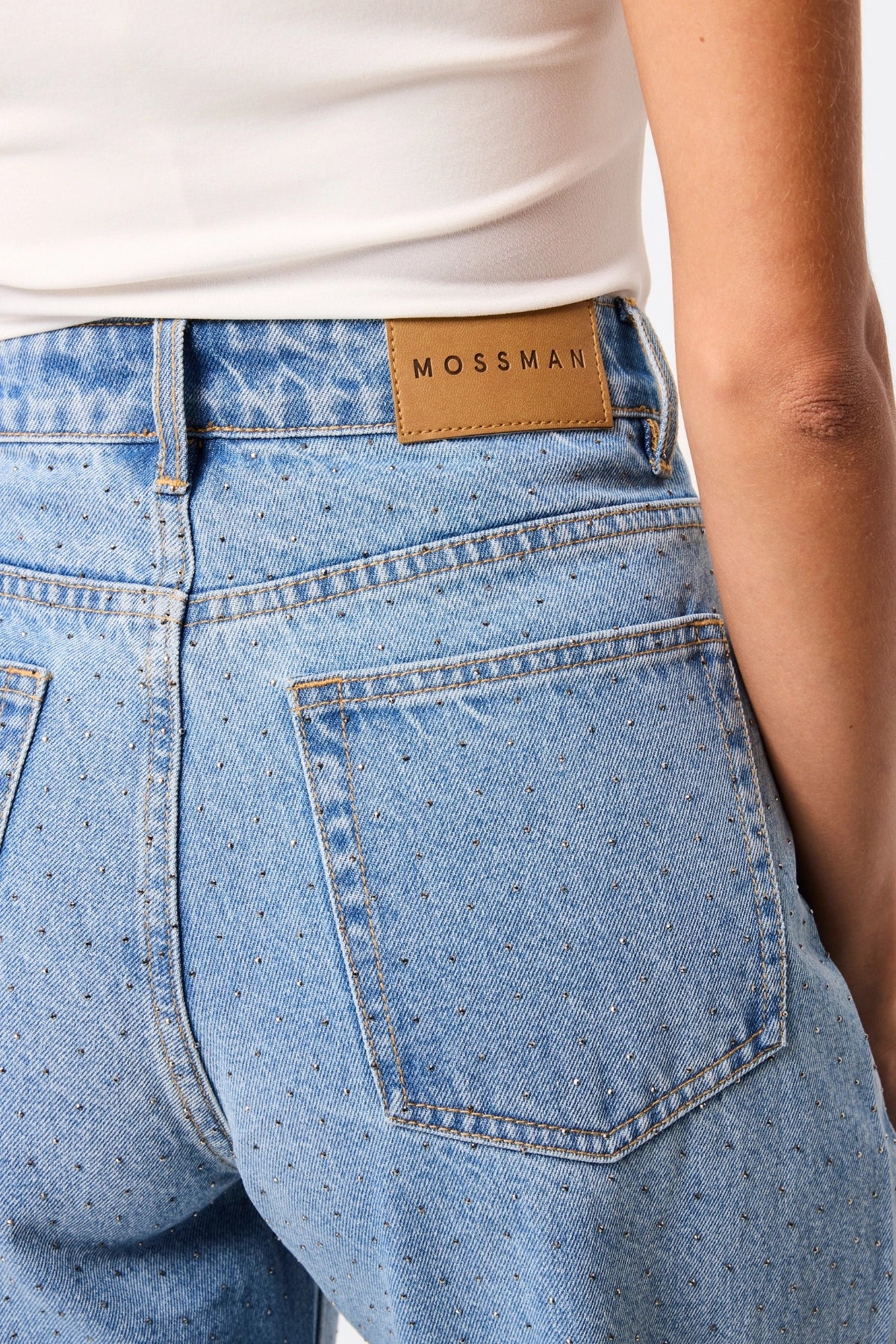 Stargazer Jean Vintage Blue Rhinestone by Mossman, high-rise straight-leg denim with all-over rhinestones, a bold trendy piece perfect for casual sparkle or night looks.