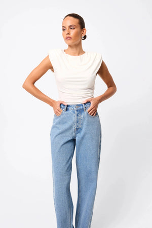 Stargazer Jean Vintage Blue Rhinestone by Mossman, high-rise straight-leg denim with all-over rhinestones, a bold trendy piece perfect for casual sparkle or night looks.