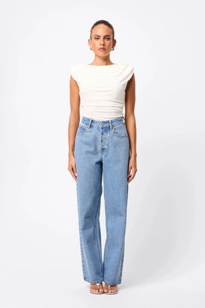 Stargazer Jean Vintage Blue Rhinestone by Mossman, high-rise straight-leg denim with all-over rhinestones, a bold trendy piece perfect for casual sparkle or night looks.