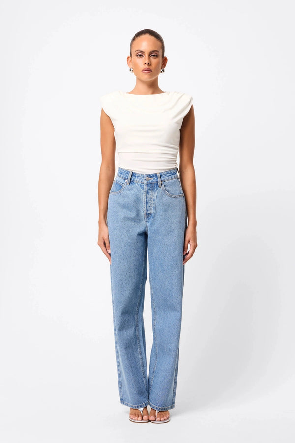 Stargazer Jean Vintage Blue Rhinestone by Mossman, high-rise straight-leg denim with all-over rhinestones, a bold trendy piece perfect for casual sparkle or night looks.