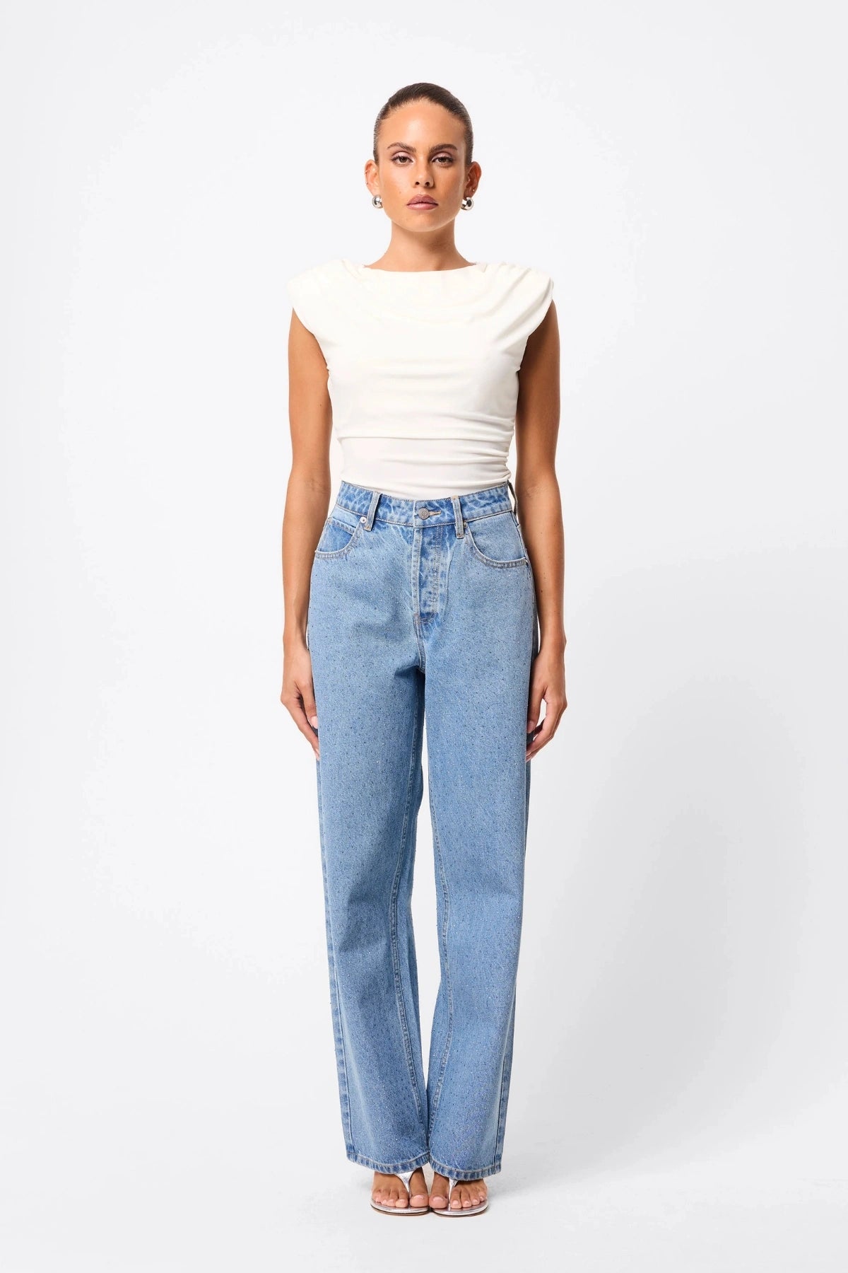 Stargazer Jean Vintage Blue Rhinestone by Mossman, high-rise straight-leg denim with all-over rhinestones, a bold trendy piece perfect for casual sparkle or night looks.