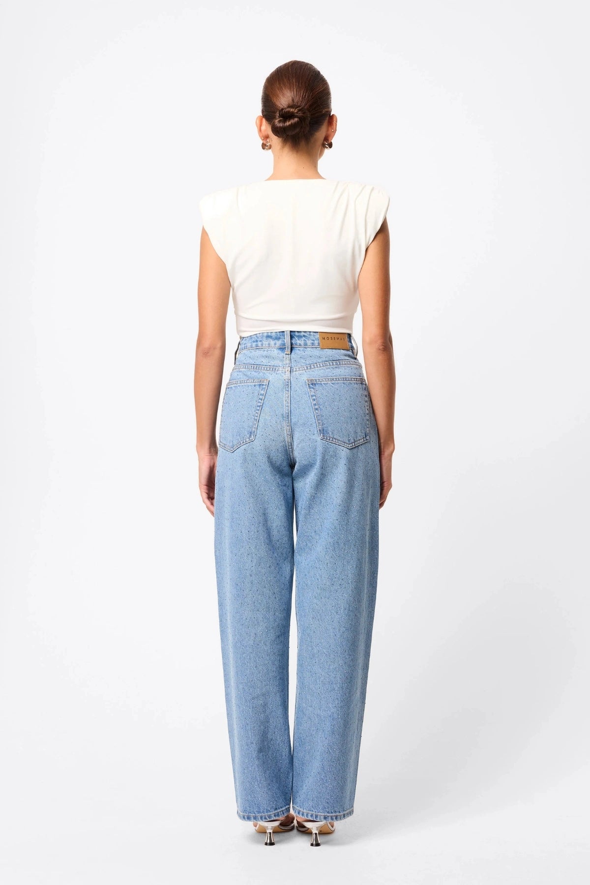 Stargazer Jean Vintage Blue Rhinestone by Mossman, high-rise straight-leg denim with all-over rhinestones, a bold trendy piece perfect for casual sparkle or night looks.