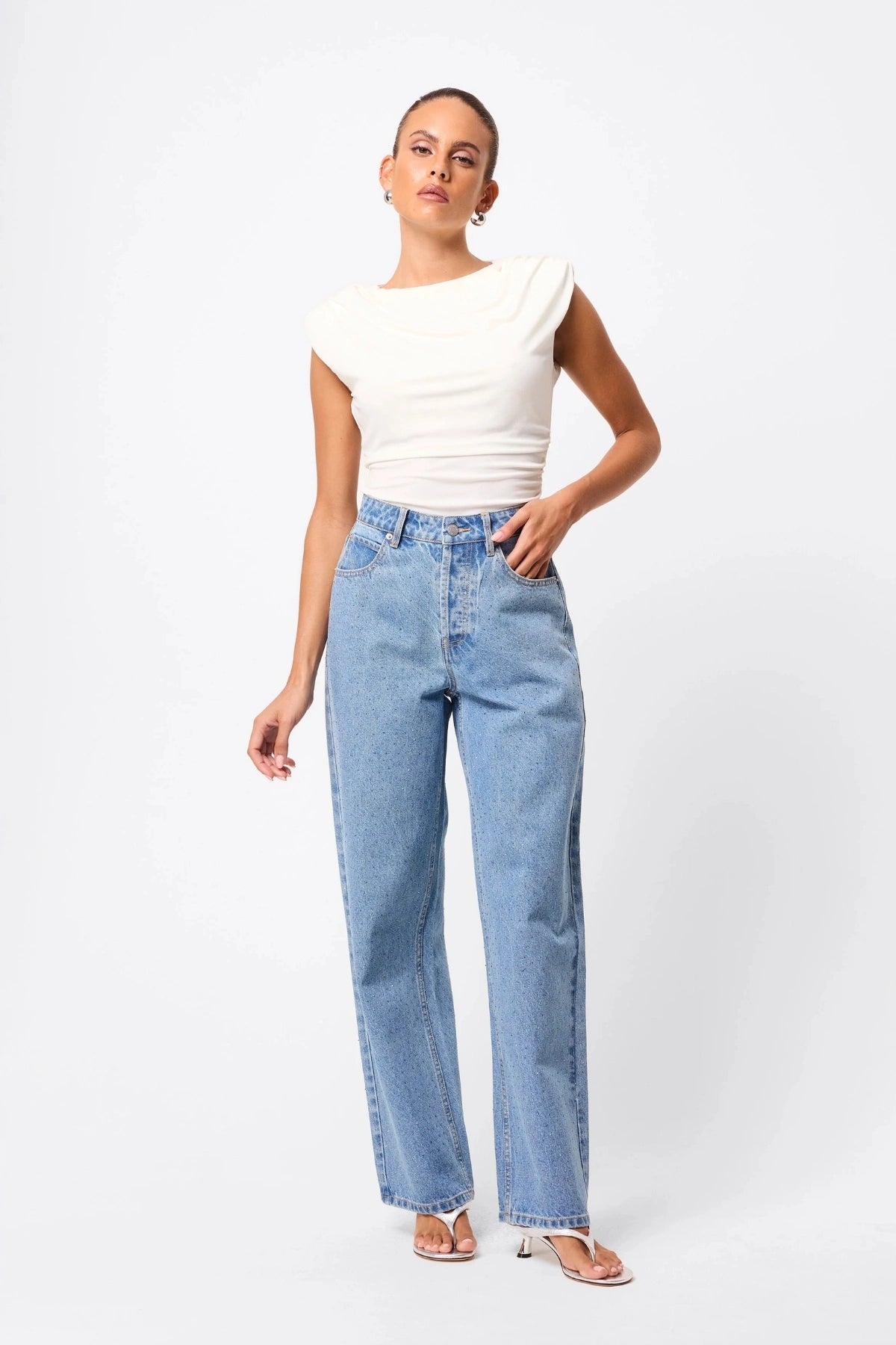 Stargazer Jean Vintage Blue Rhinestone by Mossman, high-rise straight-leg denim with all-over rhinestones, a bold trendy piece perfect for casual sparkle or night looks.