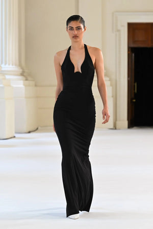 Starla Gown in Black by Effie Kats – sculpted neckline and low back design in stretch crepe. A timeless choice for elegant events.