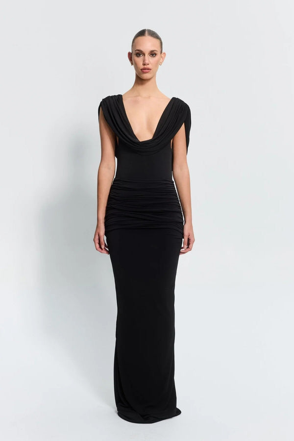 Steele Gown Black by Effie Kats, a soft stretch jersey silhouette with a cowl neckline and low back. Perfect for formal or red carpet events.