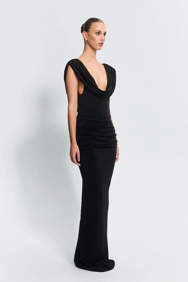 Steele Gown Black by Effie Kats, a soft stretch jersey silhouette with a cowl neckline and low back. Perfect for formal or red carpet events.