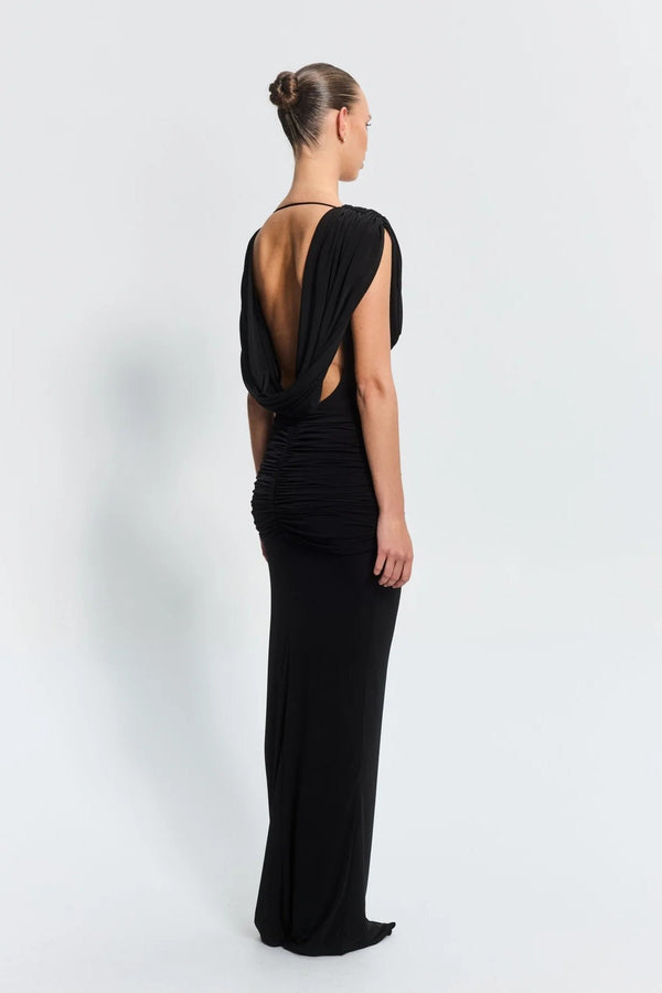 Steele Gown Black by Effie Kats, a soft stretch jersey silhouette with a cowl neckline and low back. Perfect for formal or red carpet events.
