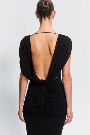 Steele Gown Black by Effie Kats, a soft stretch jersey silhouette with a cowl neckline and low back. Perfect for formal or red carpet events.