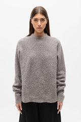 Stella Crew Neck Beige Grey by Bayse – relaxed wool blend knit with brushed texture and classic crew neckline.