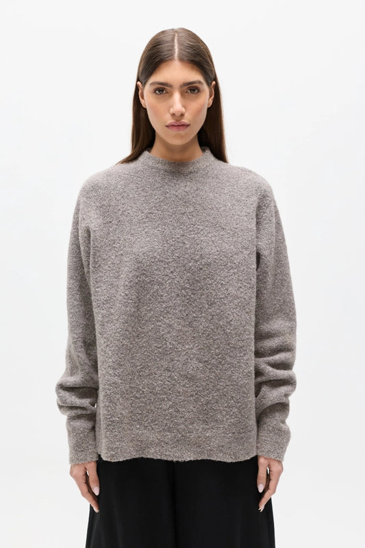 Stella Crew Neck Beige Grey by Bayse – relaxed wool blend knit with brushed texture and classic crew neckline.
