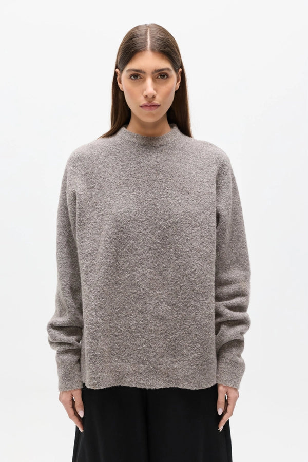Stella Crew Neck Beige Grey by Bayse – relaxed wool blend knit with brushed texture and classic crew neckline.