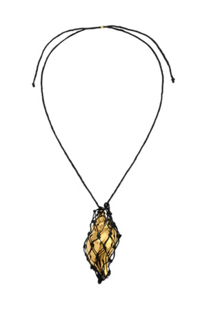Sterling Necklace in Black/Gold by Heaven Mayhem – a black and gold knotted cord necklace with a sculptural shell pendant, perfect for bold modern styling.