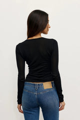 Stevie Top Black by Bayse – semi sheer long sleeve top with crew neckline and body-skimming fit.