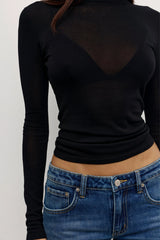 Stevie Top Black by Bayse – semi sheer long sleeve top with crew neckline and body-skimming fit.