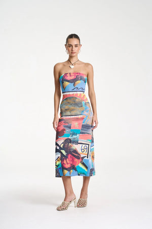 Strapless Midi Dress by Summi Summi, ribbed cotton strapless midi featuring the Loco mixed media artwork with a fitted silhouette.