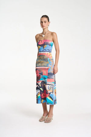 Strapless Midi Dress in Loco by Summi Summi, ribbed cotton strapless midi featuring the Loco mixed media artwork with a fitted silhouette.