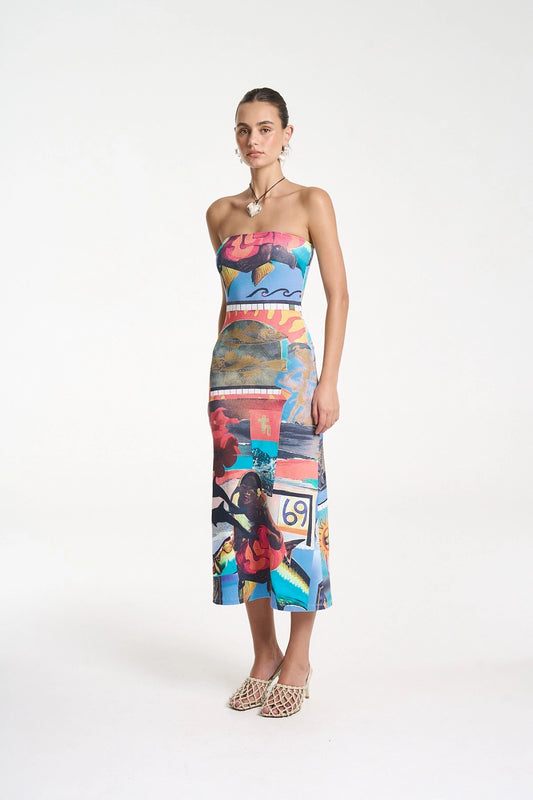 Strapless Midi Dress in Loco by Summi Summi, ribbed cotton strapless midi featuring the Loco mixed media artwork with a fitted silhouette.