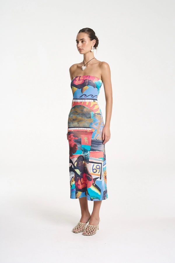 Strapless Midi Dress in Loco by Summi Summi, ribbed cotton strapless midi featuring the Loco mixed media artwork with a fitted silhouette.