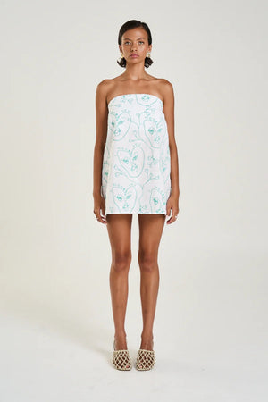 Strapless Mini Dress I Heart You by Summi Summi, linen-blend mini with embroidered detail and secure strapless fit, a trendy piece perfect for playful day-to-night styling.