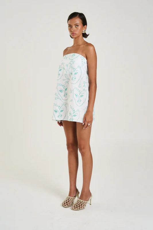 Strapless Mini Dress I Heart You by Summi Summi, linen-blend mini with embroidered detail and secure strapless fit, a trendy piece perfect for playful day-to-night styling.