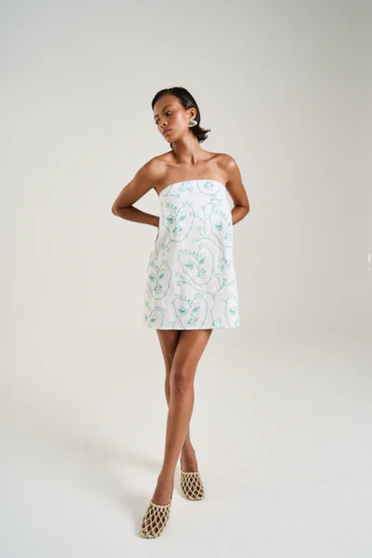 Strapless Mini Dress I Heart You by Summi Summi, linen-blend mini with embroidered detail and secure strapless fit, a trendy piece perfect for playful day-to-night styling.