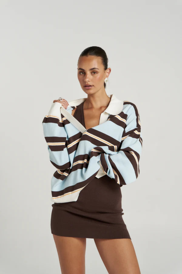 Stripe Long Sleeve Aperol Stripe by Summi Summi – organic cotton striped knit polo with relaxed fit and collar.