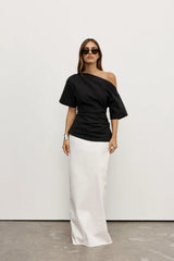 Suki Top Black by Bayse – off shoulder draped top with ruched sides and fitted waist silhouette.