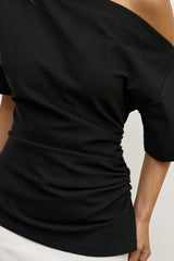 Suki Top Black by Bayse – off shoulder draped top with ruched sides and fitted waist silhouette.