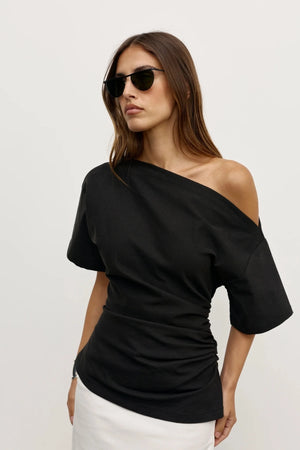 Suki Top Black by Bayse – off shoulder draped top with ruched sides and fitted waist silhouette.