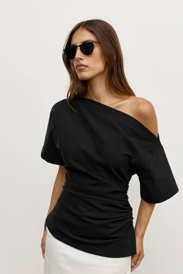 Suki Top Black by Bayse – off shoulder draped top with ruched sides and fitted waist silhouette.