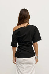 Suki Top Black by Bayse – off shoulder draped top with ruched sides and fitted waist silhouette.