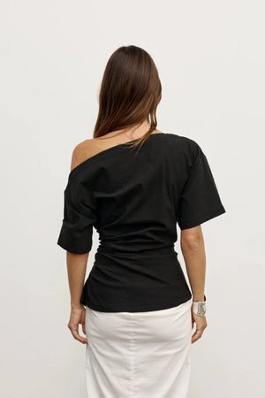 Suki Top Black by Bayse – off shoulder draped top with ruched sides and fitted waist silhouette.