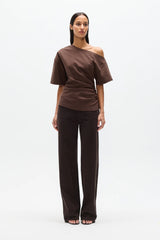 Suki Top Chocolate by Bayse – off shoulder draped top with ruched sides and fitted waist silhouette.