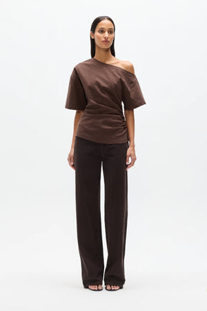 Suki Top Chocolate by Bayse – off shoulder draped top with ruched sides and fitted waist silhouette.