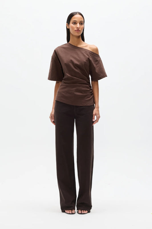 Suki Top Chocolate by Bayse – off shoulder draped top with ruched sides and fitted waist silhouette.