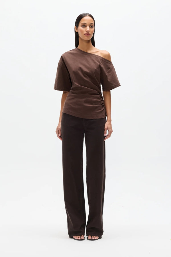 Suki Top Chocolate by Bayse – off shoulder draped top with ruched sides and fitted waist silhouette.