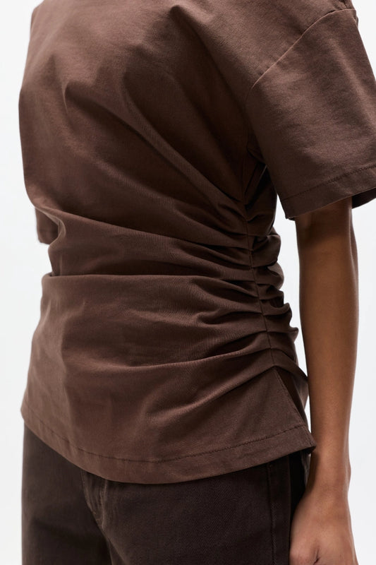 Suki Top Chocolate by Bayse – off shoulder draped top with ruched sides and fitted waist silhouette.