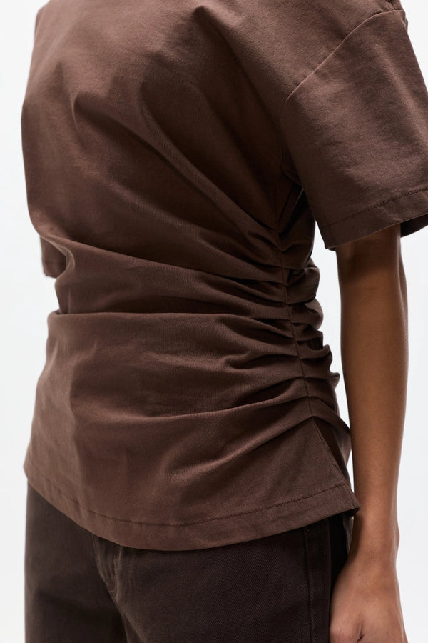 Suki Top Chocolate by Bayse – off shoulder draped top with ruched sides and fitted waist silhouette.