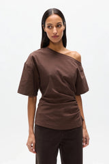 Suki Top Chocolate by Bayse – off shoulder draped top with ruched sides and fitted waist silhouette.