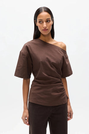 Suki Top Chocolate by Bayse – off shoulder draped top with ruched sides and fitted waist silhouette.