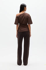 Suki Top Chocolate by Bayse – off shoulder draped top with ruched sides and fitted waist silhouette.