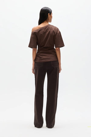 Suki Top Chocolate by Bayse – off shoulder draped top with ruched sides and fitted waist silhouette.
